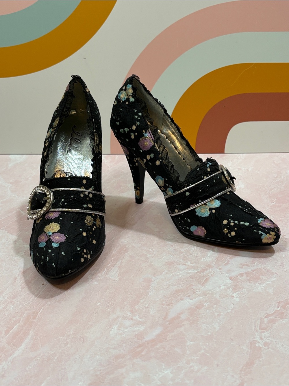 Elle Elegant Black Floral High Heel Pumps with Rhinestone Buckle 6M